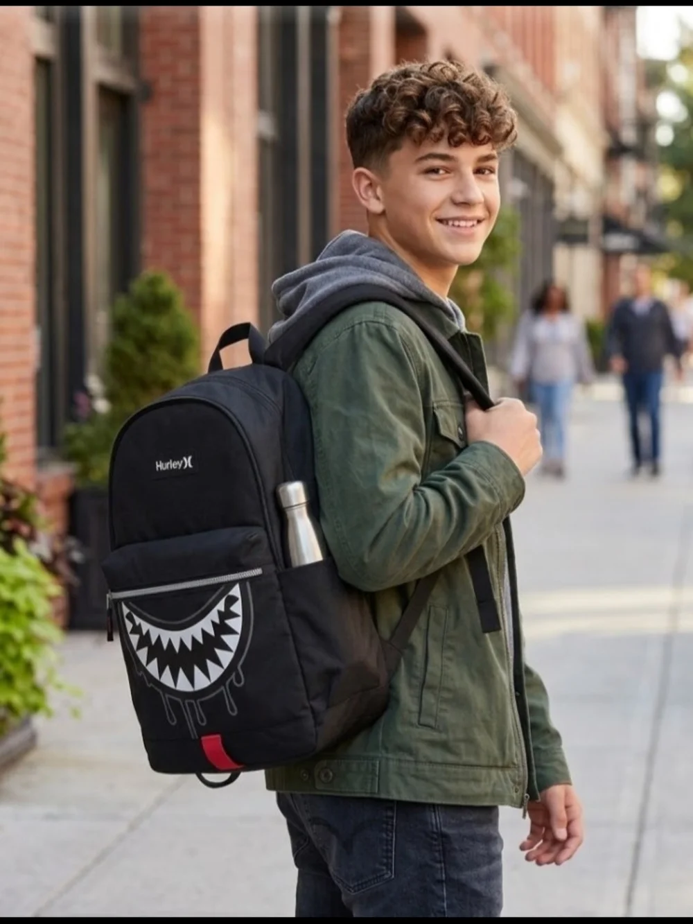 NEW! Hurley Black Backpack with White Shark-Mouth Graphic NWT